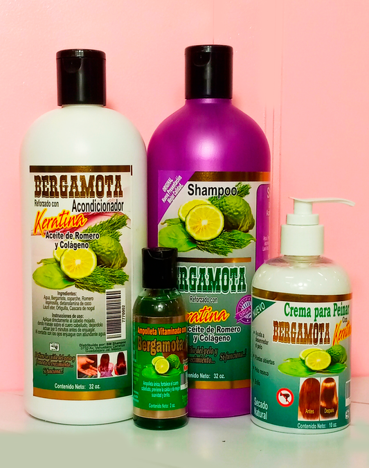 Paquete de Shampoo, Acondicionador Crema y Ampolleta de Bergamota con Keratina.