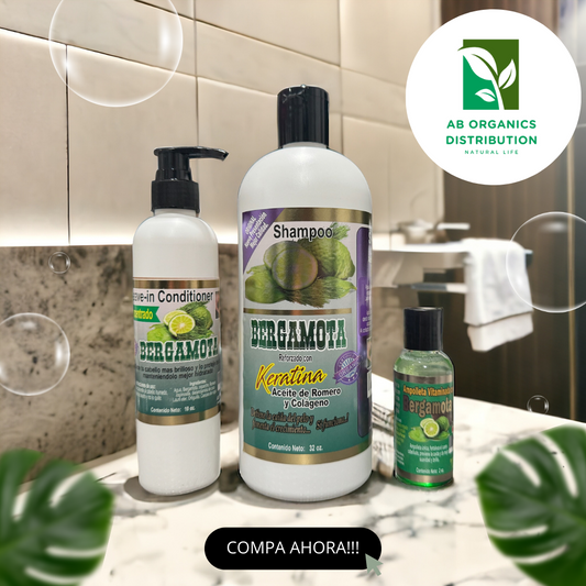 Kit Nutritivo Shampoo , Aceite y Leave in Conditioner de Bergamota Organico Reforzado con Keratina , Aceite de Romero y Colageno